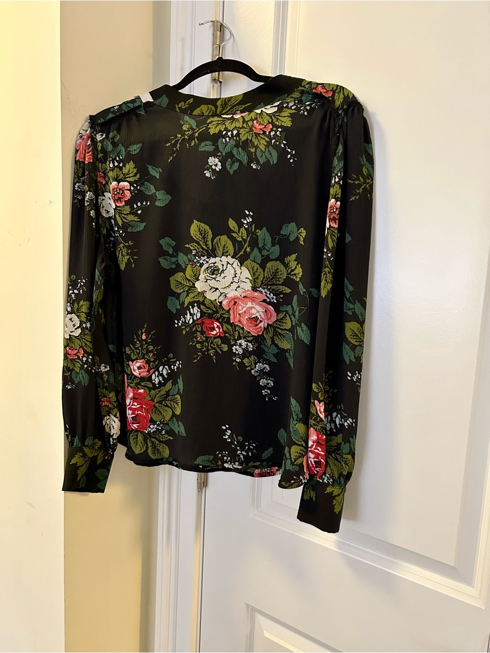 LOFT Black Floral Long-Sleeve Blouse with Pink & White Roses